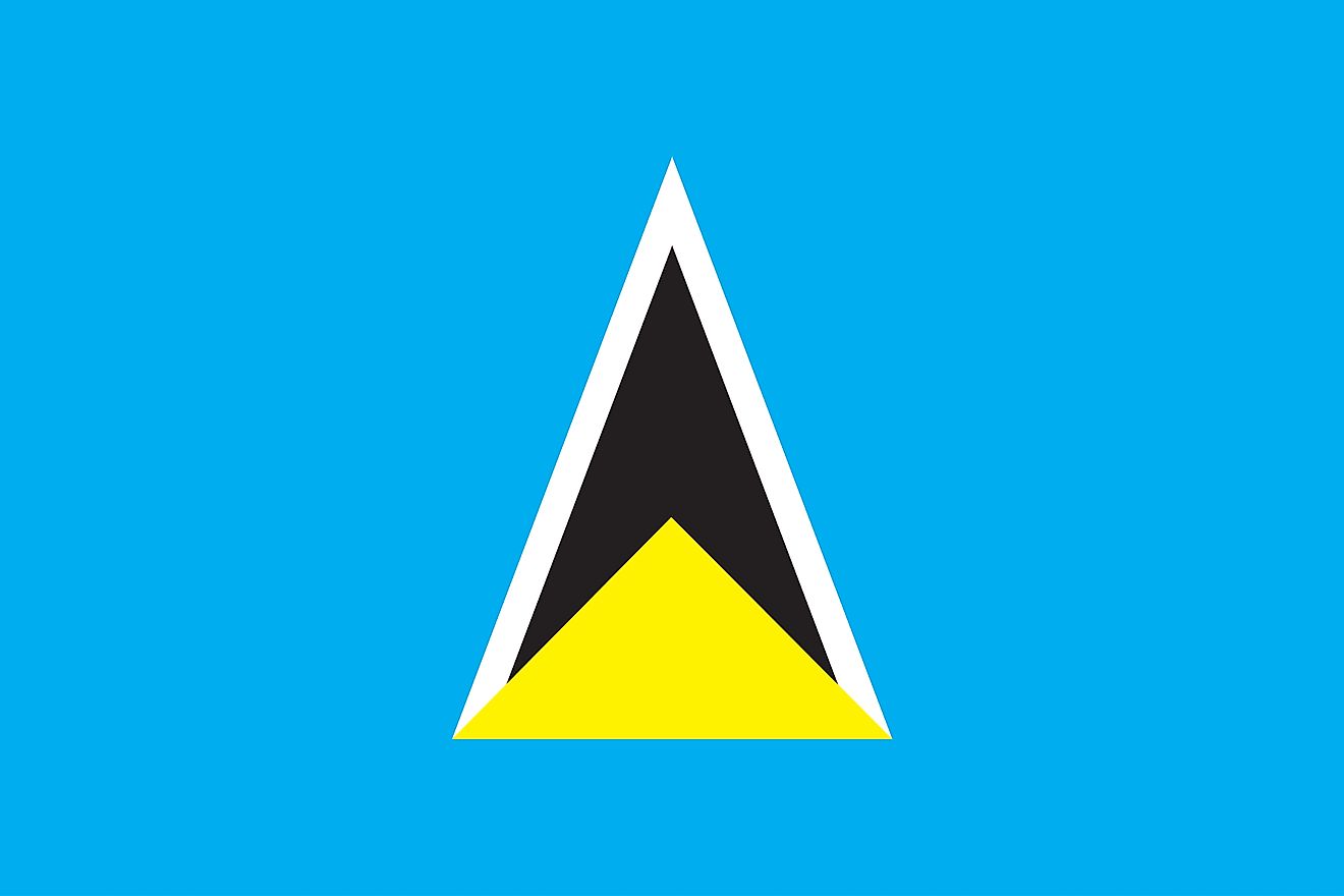 The flag of Saint Lucia consists of a cerulean blue with a golden triangle in front of white-edged black isosceles triangle.