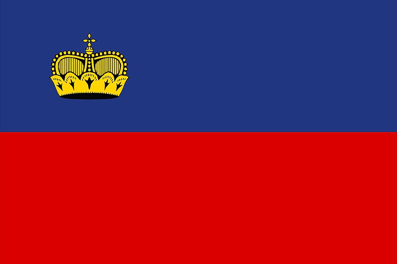 The national flag of Liechtenstein is a bicolor flag of blue (top) and red equal horizontal bands with a gold crown on the upper hoist side.