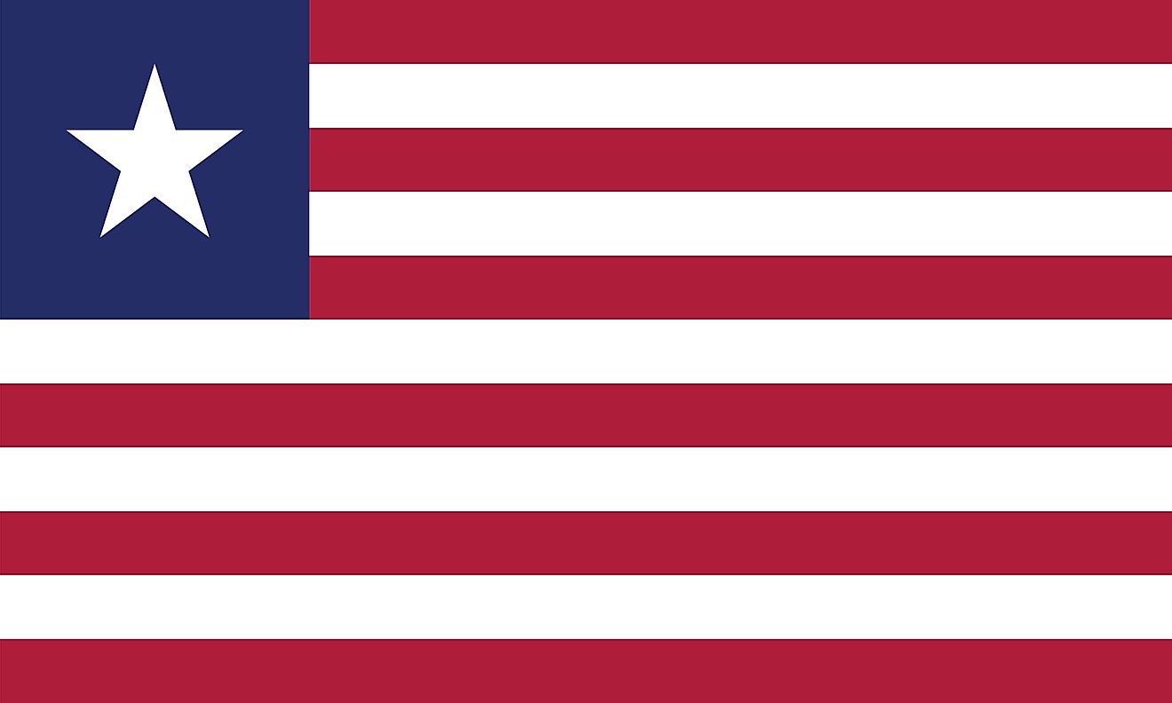 The flag of Liberia consists of 11 equal horizontal stripes of red (top and bottom) alternating with white and white five-pointed star on a blue square on the upper hoist-side