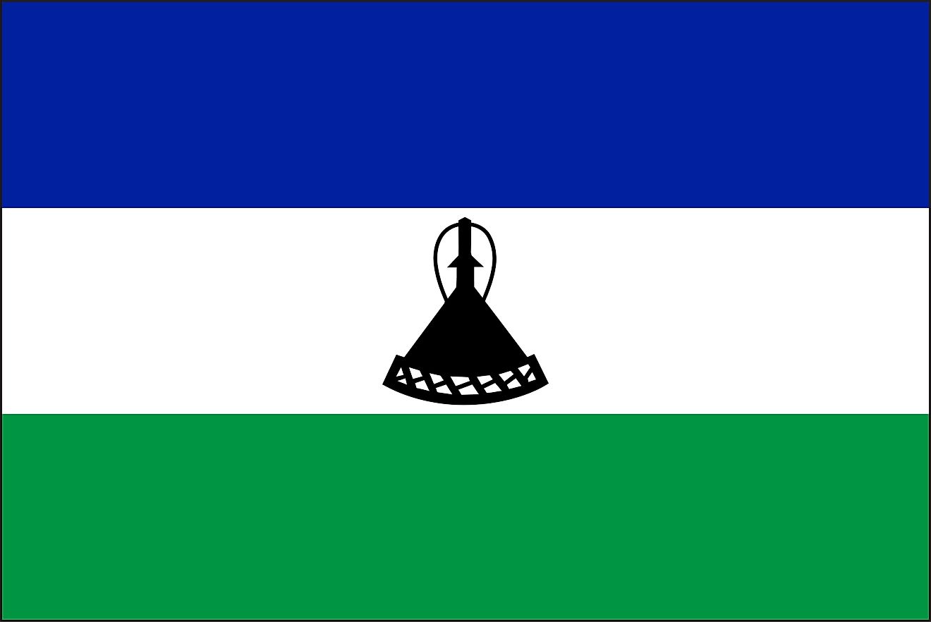 The national flag of Lesotho consists of three horizontal bands of blue (top), white, and green, and a black Basotho hat centered on white. 