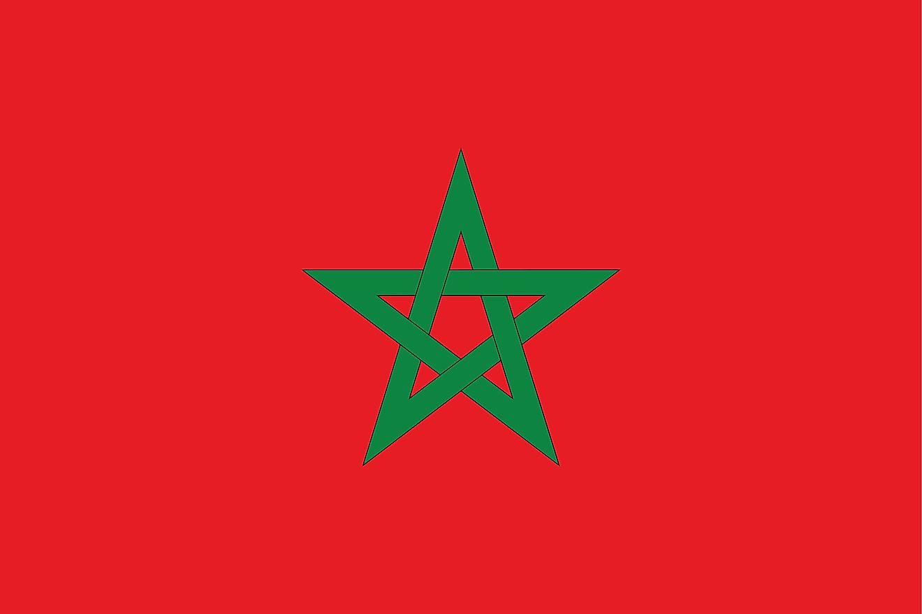 The flag of Morocco consists of a green pentacle (five-pointed, linear star) known as Sulayman's (Solomon's) seal centered on red field