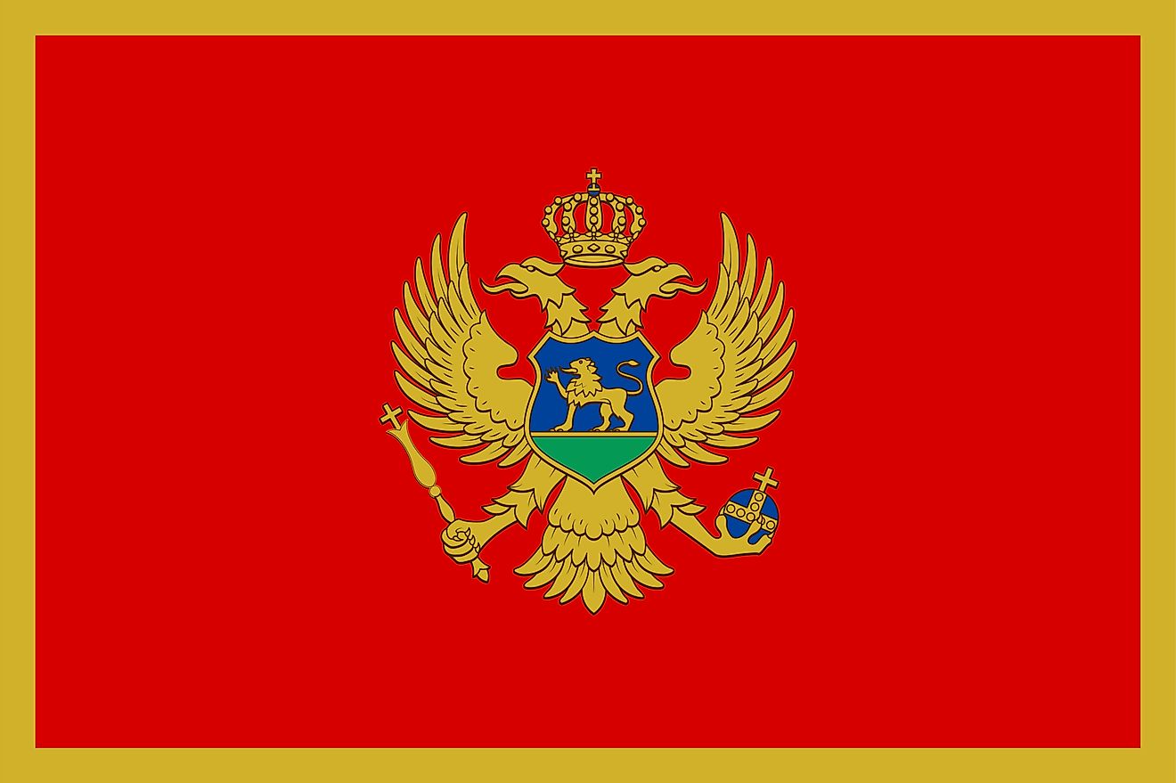 The flag of Montenegro consists of a red field bordered by a narrow golden-yellow stripe with the Montenegrin coat of arms in the middle.