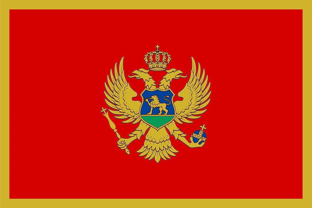 The flag of Montenegro consists of a red field bordered by a narrow golden-yellow stripe with the Montenegrin coat of arms in the middle.