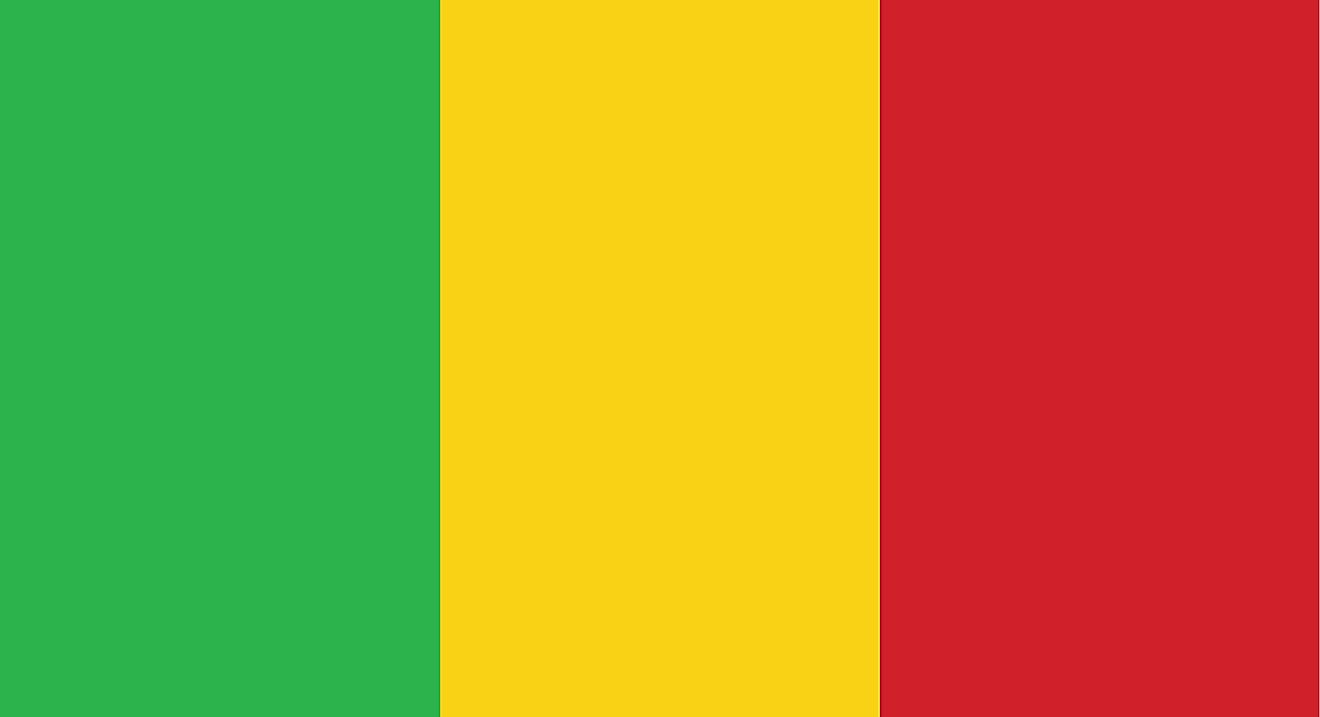 The national flag of Mali is a tricolor flag of green (hoist), yellow, and red equal vertical bands.