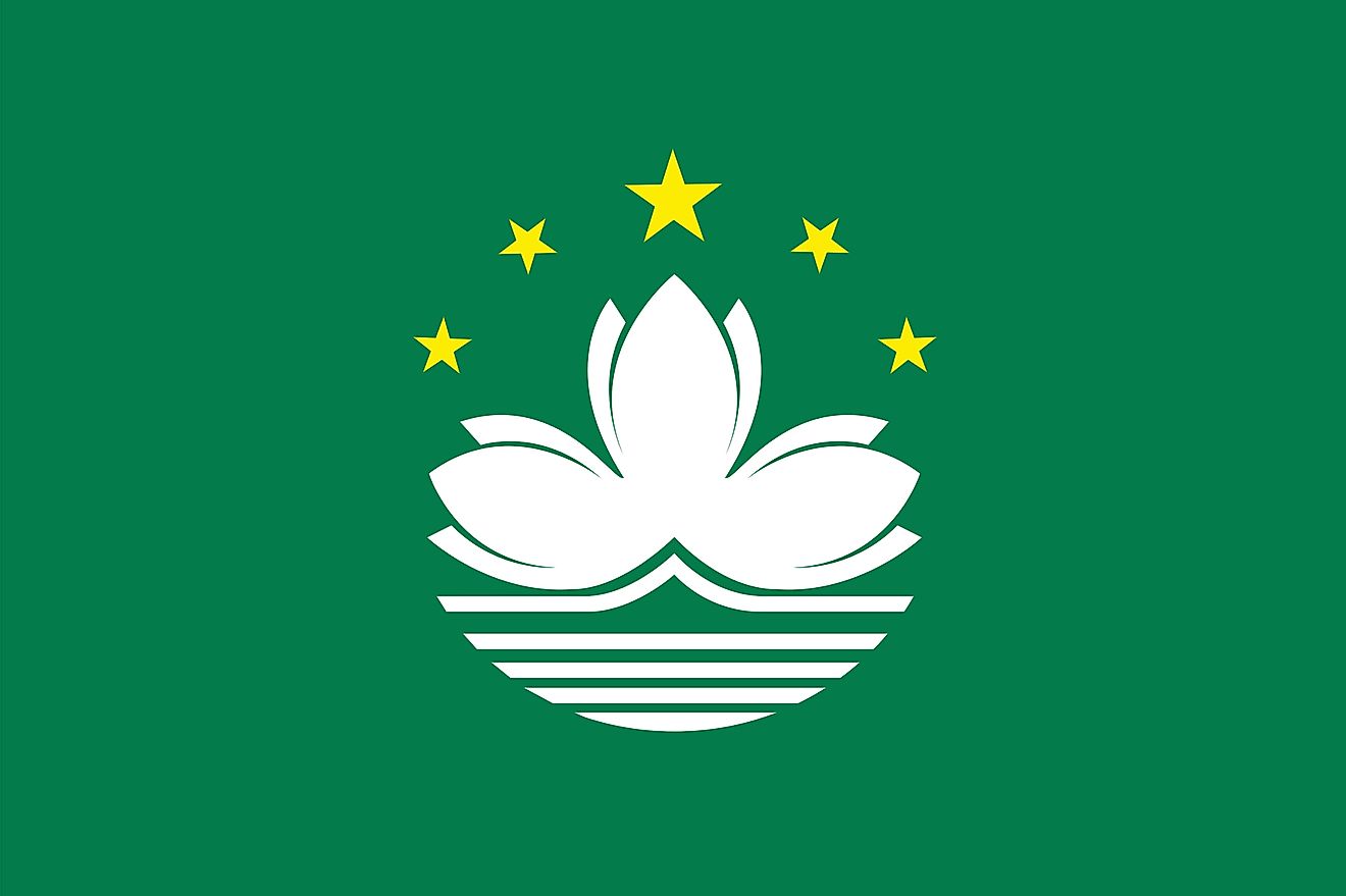 The regional flag of Macau consists of a green field with a lotus flower between a stylized bridge and water in white (below) and an arc of five gold, five-pointed stars: one large in the center of the arc and two smaller on either side