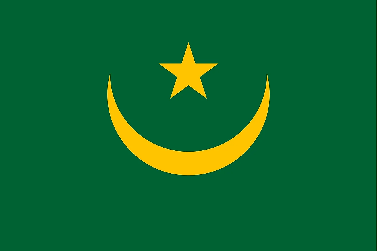 The flag of Mauritania consists upward facing gold crescent moon with five-pointed star between the horns on a green field with red stripe on top and at the bottom