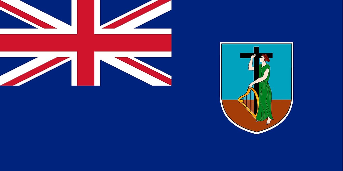 The flag of Montserrat consists of a blue field with the Union Flag in the upper hoist-side quadrant and the Montserratian coat of arms centered in the outer half of the flag