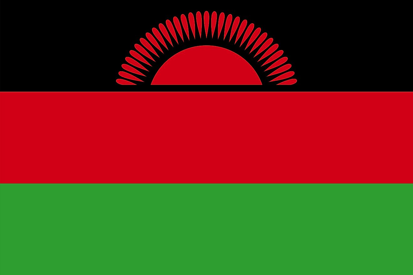 The national flag of Malawi is a tricolor flag of three horizontal stripes of black, red, and green from top to bottom. The black stripe features a red rising sun at the center