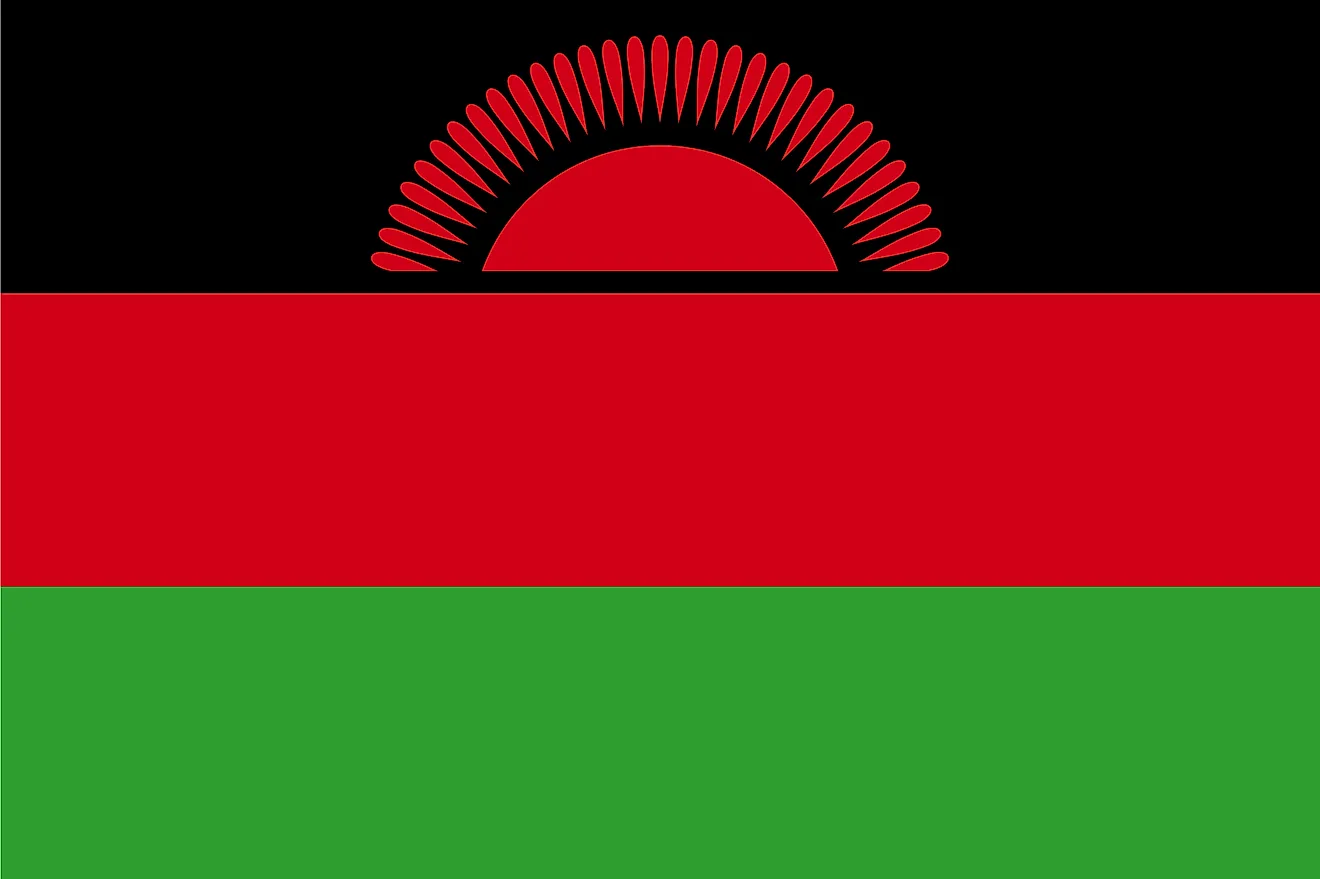 The national flag of Malawi is a tricolor flag of three horizontal stripes of black, red, and green from top to bottom. The black stripe features a red rising sun at the center