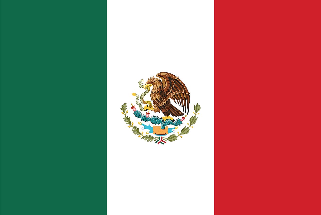 The flag of Mexico is a vertical tricolor flag of green (hoist), white, and red bands with national coat of arms centered on white.