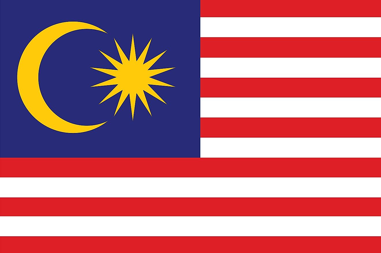 The flag of Malaysia features 14 horizontal stripes of alternating red and white colors with yellow crescent and star on blue canton