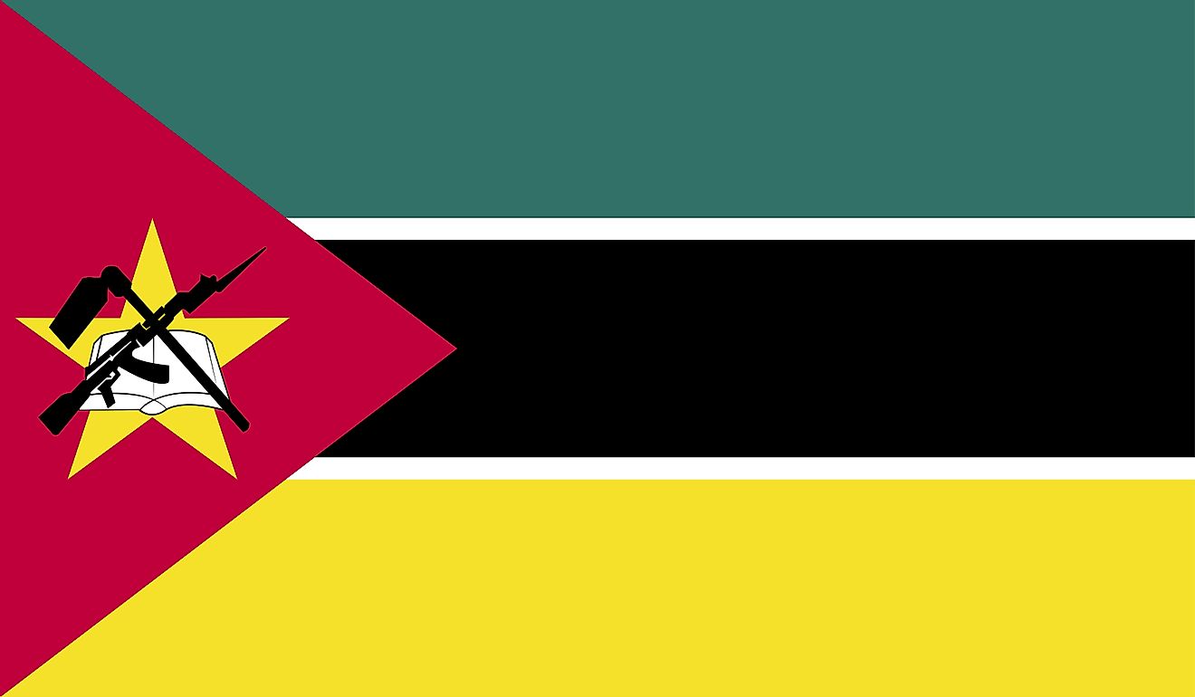 The national flag of Mozambique is a tricolor flag of three equal horizontal bands of green (top), black (edged in white), and yellow with a red isosceles triangle based on the hoist side, bearing a yellow star with a book and crossed rifle and hoe.