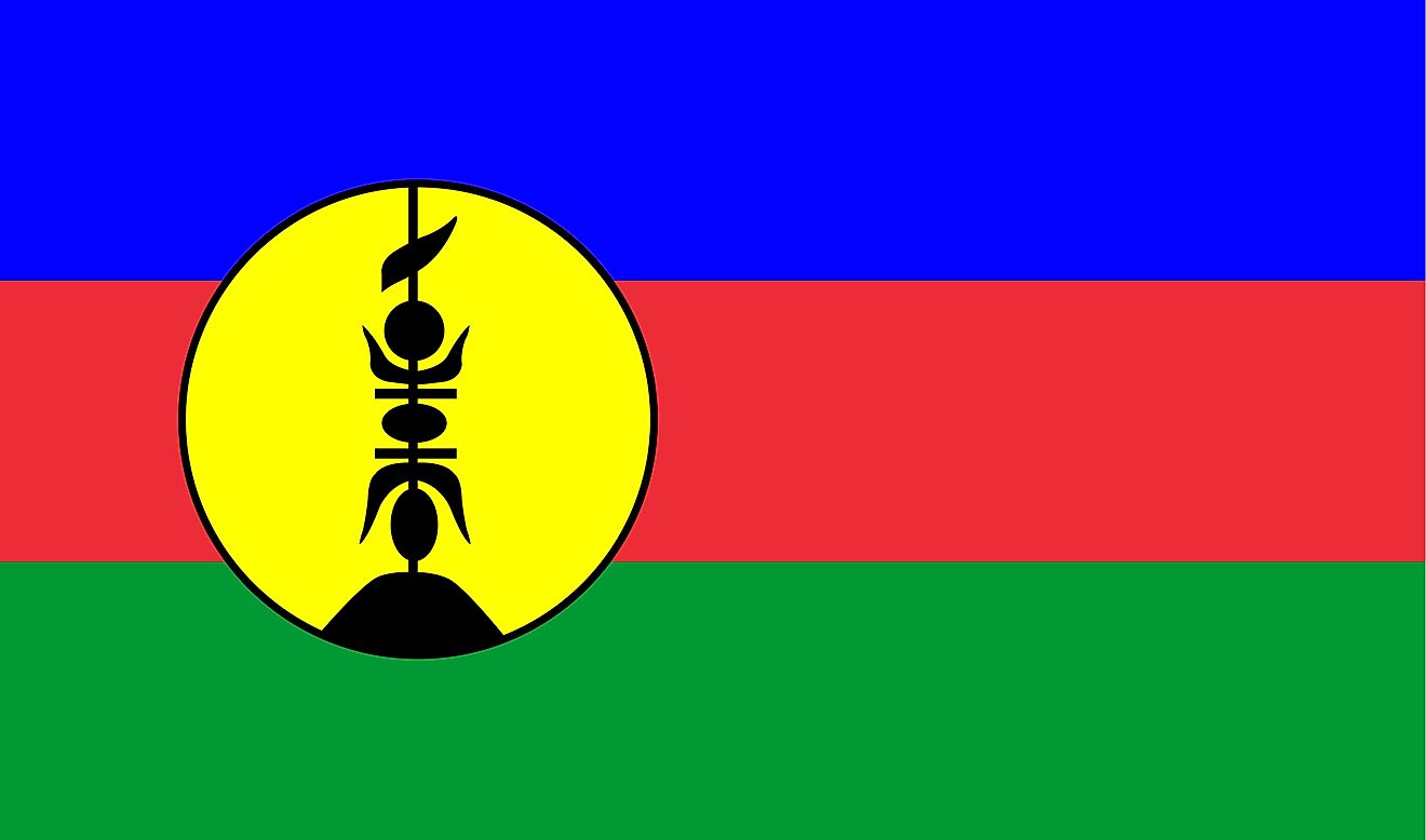 The Kanak (indigenous Melanesian) Flag consists of three equal horizontal bands of blue (top), red, and green, with a large yellow disk shifted to the hoist side.