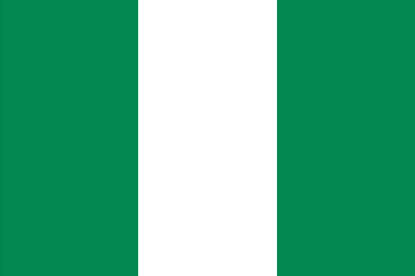 The national flag of Nigeria is a bicolor of three equal vertical bands of green (hoist), white, and green.