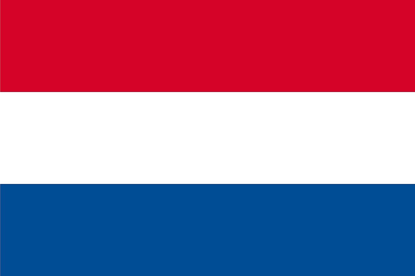 The national flag of the Netherlands is a tricolor of three equal horizontal bands of red (top), white, blue.