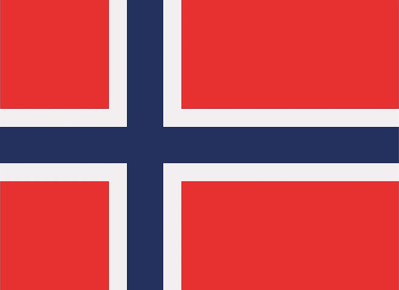 The flag of Norway is made of a red background and has a blue cross superimposed on a white cross so that the white cross outlines the blue color (the Scandinavian cross)