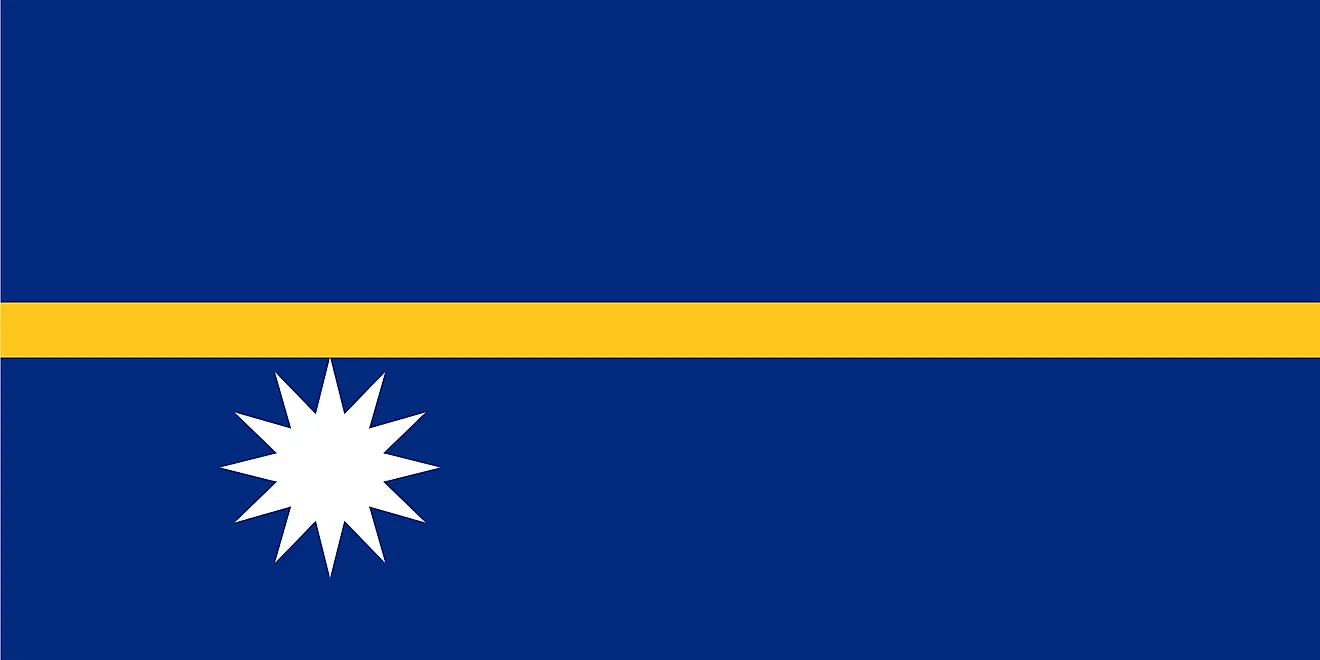 The National Flag of Nauru features a blue background with a narrow, horizontal gold stripe and a white star in the lower hoist side