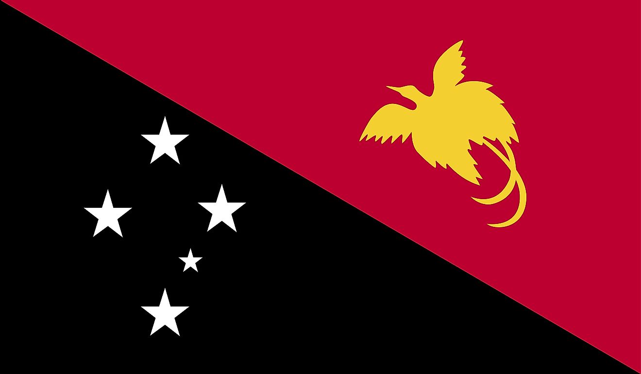 The National Flag of Papua New Guinea is a bicolor that is divided diagonally into two triangles (red and black), from the upper hoist-side corner to the fly-side's lower corner.