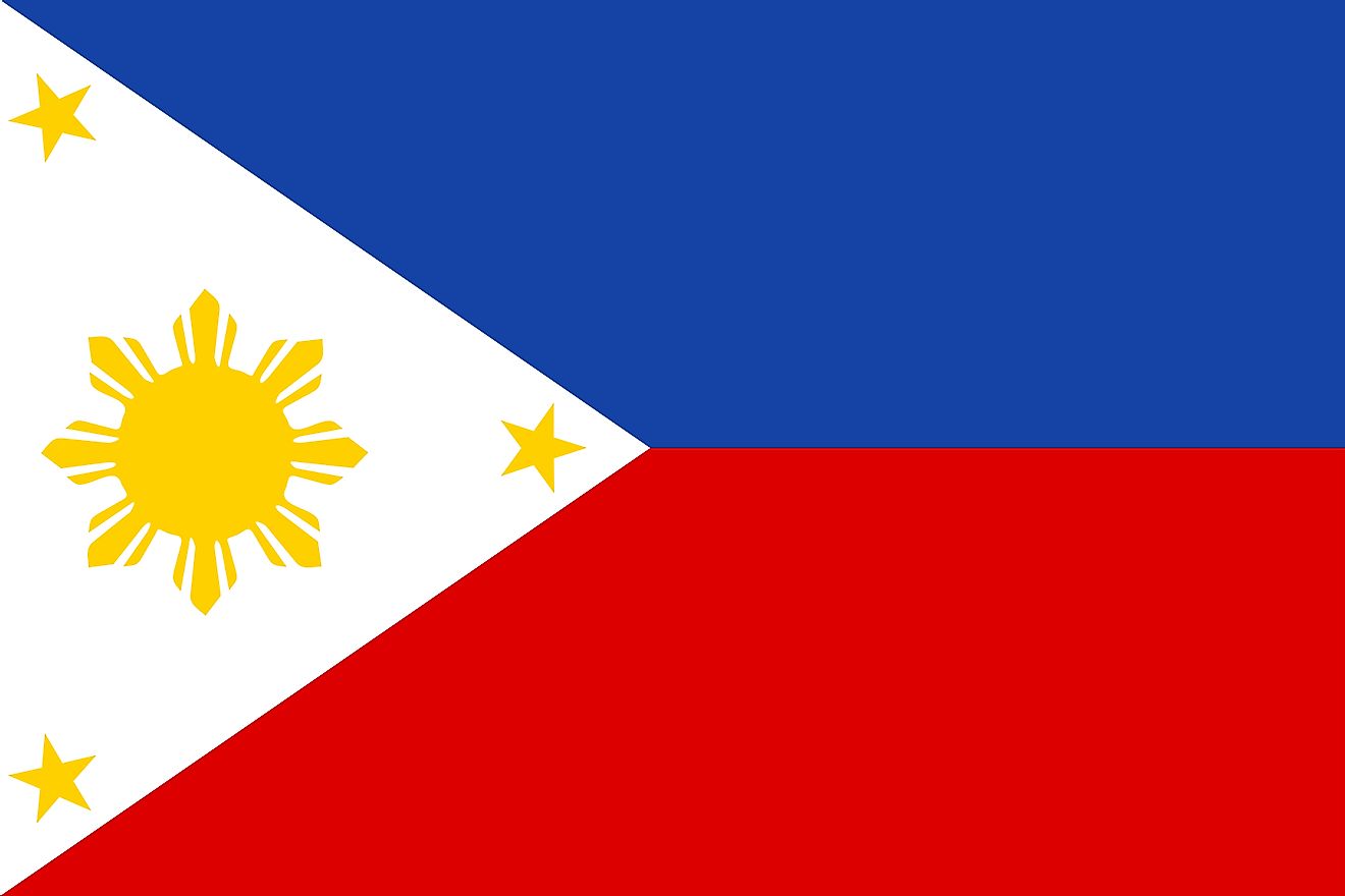 The National Flag of the Philippines features two equal horizontal bands of blue (top) and red with a white equilateral triangle, based on the hoist side of the flag.