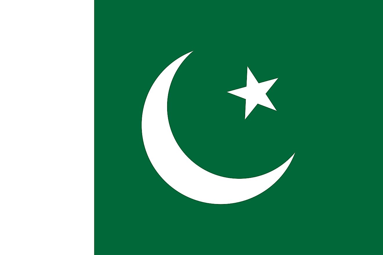 The National Flag of Pakistan features a green field with a vertical white stripe on the hoist side of the flag along with a large white crescent and a five-rayed star are centered in the green field. 