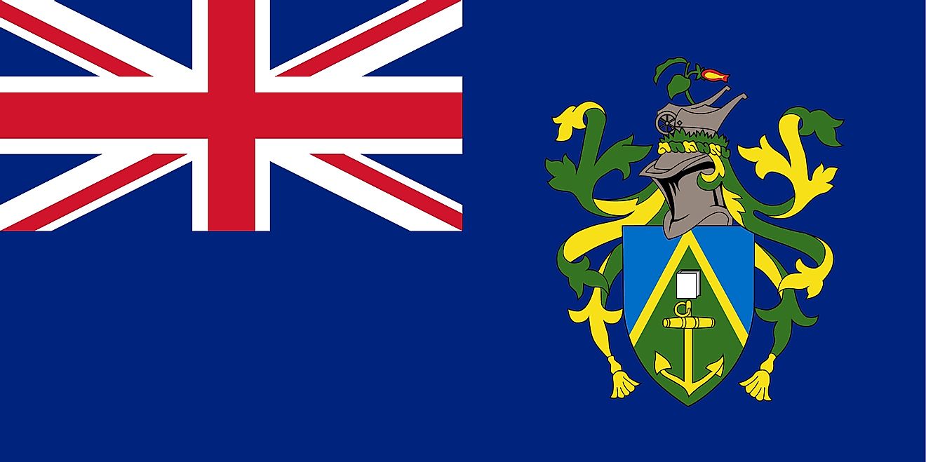 The Flag of Pitcairn Islands features a blue background with the flag of the UK (Union Jack) in the upper hoist-side quadrant and the Island’s Coat of Arms is centered on the outer half of the flag.