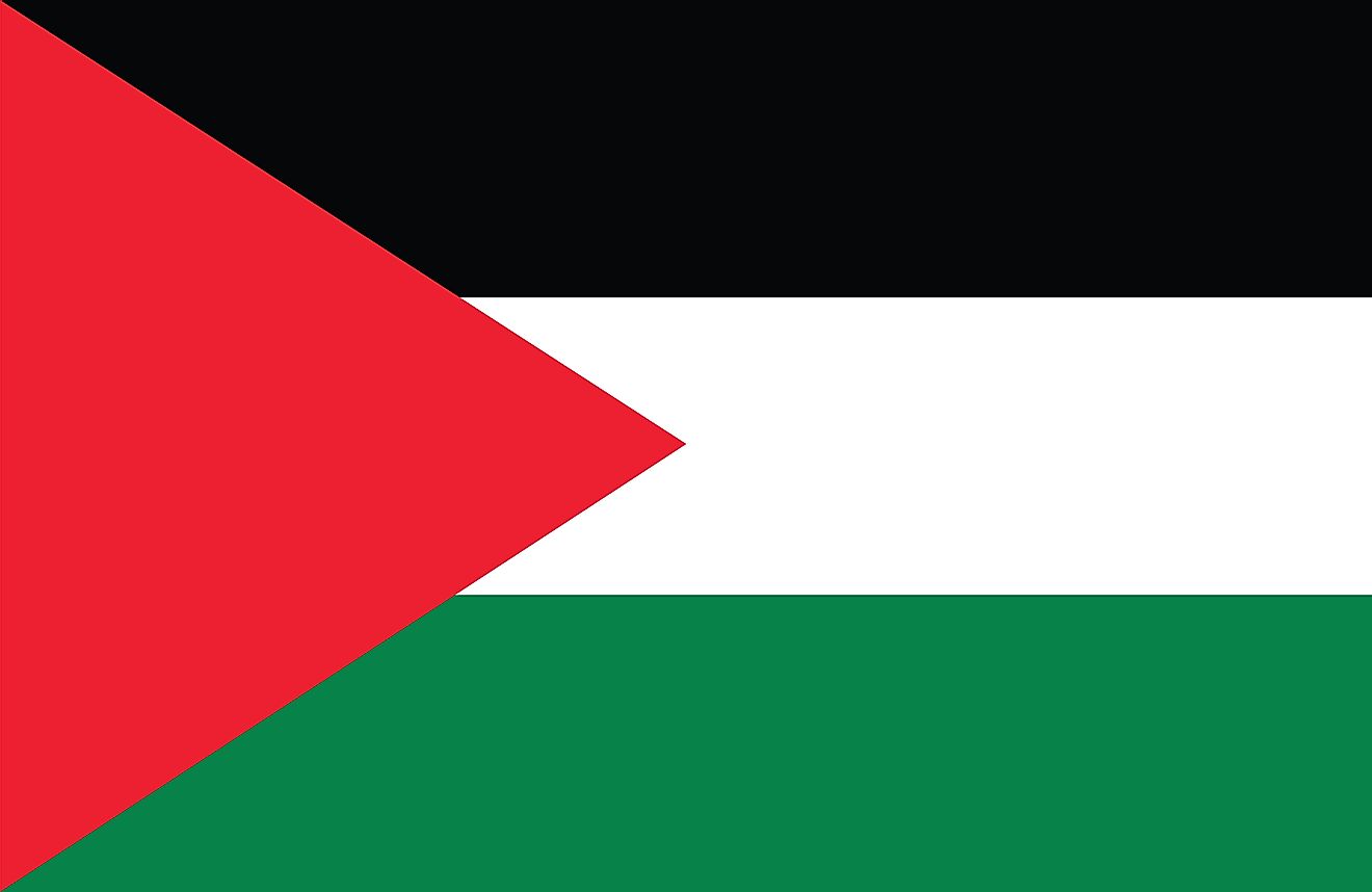 The National Flag of Palestine  is a tricolor of black, white, and green as horizontal bands from top to bottom respectively. 