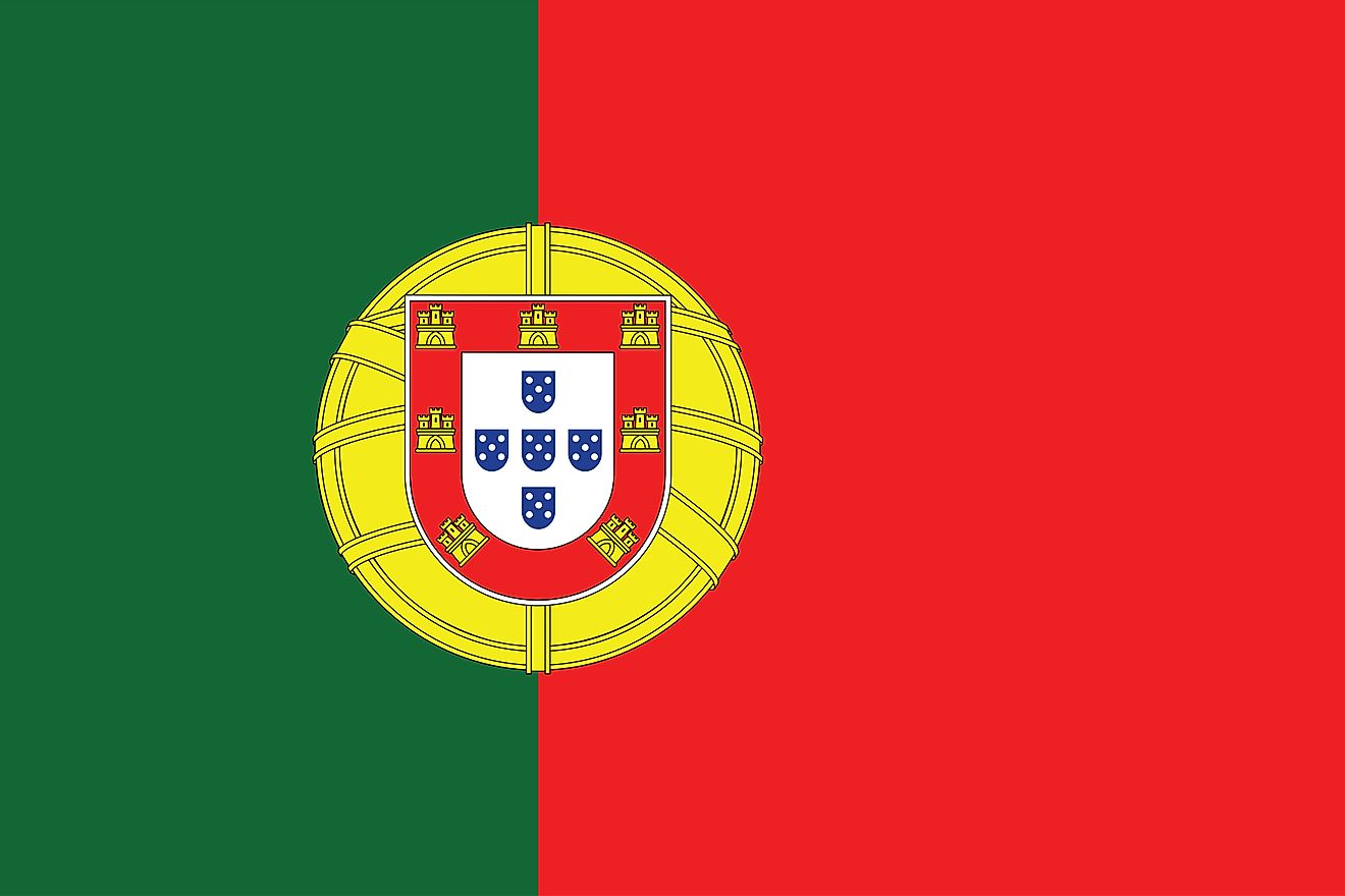 The National Flag of Portugal is a rectangular bicolor and features two vertical bands of green (covering about two-fifths on the hoist side) and red (covering three-fifths on the fly side), with the national coat of arms (armillary sphere and Portuguese 