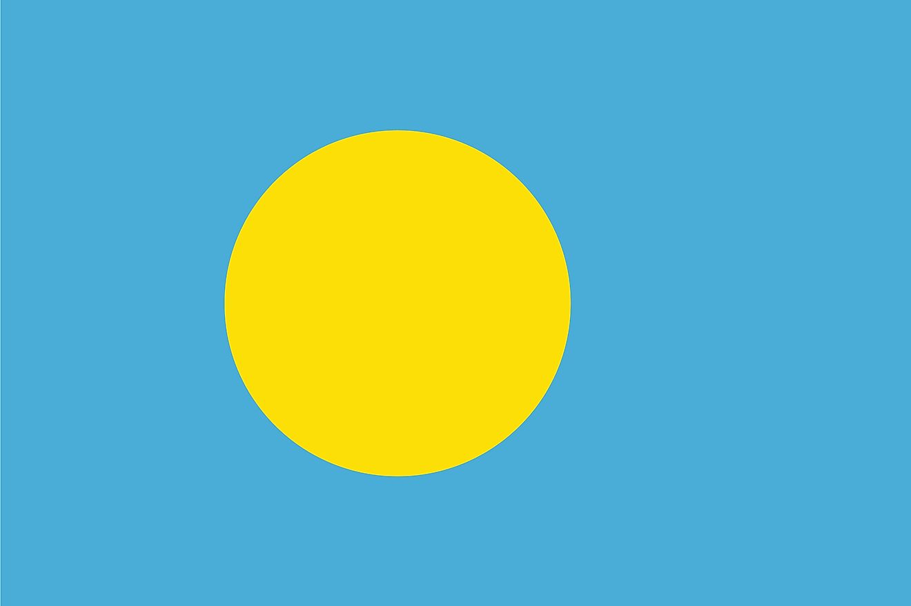 The national flag of Palau with a yellow disk representing the moon in a light blue background symbolizing the ocean.