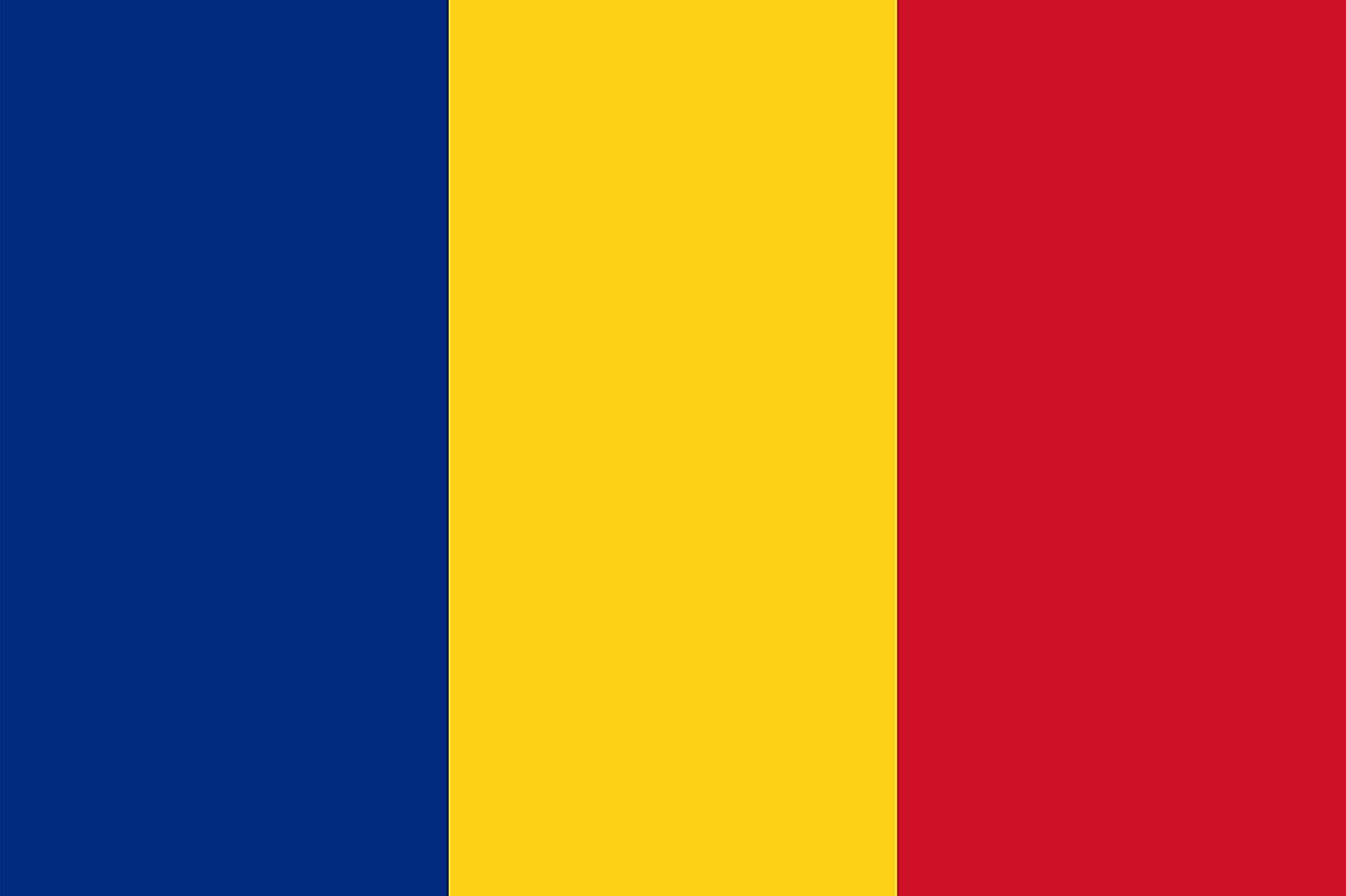 The National Flag of Romania is a vertical tricolor and features three equal vertical bands of cobalt blue (hoist side), chrome yellow, and vermillion red.