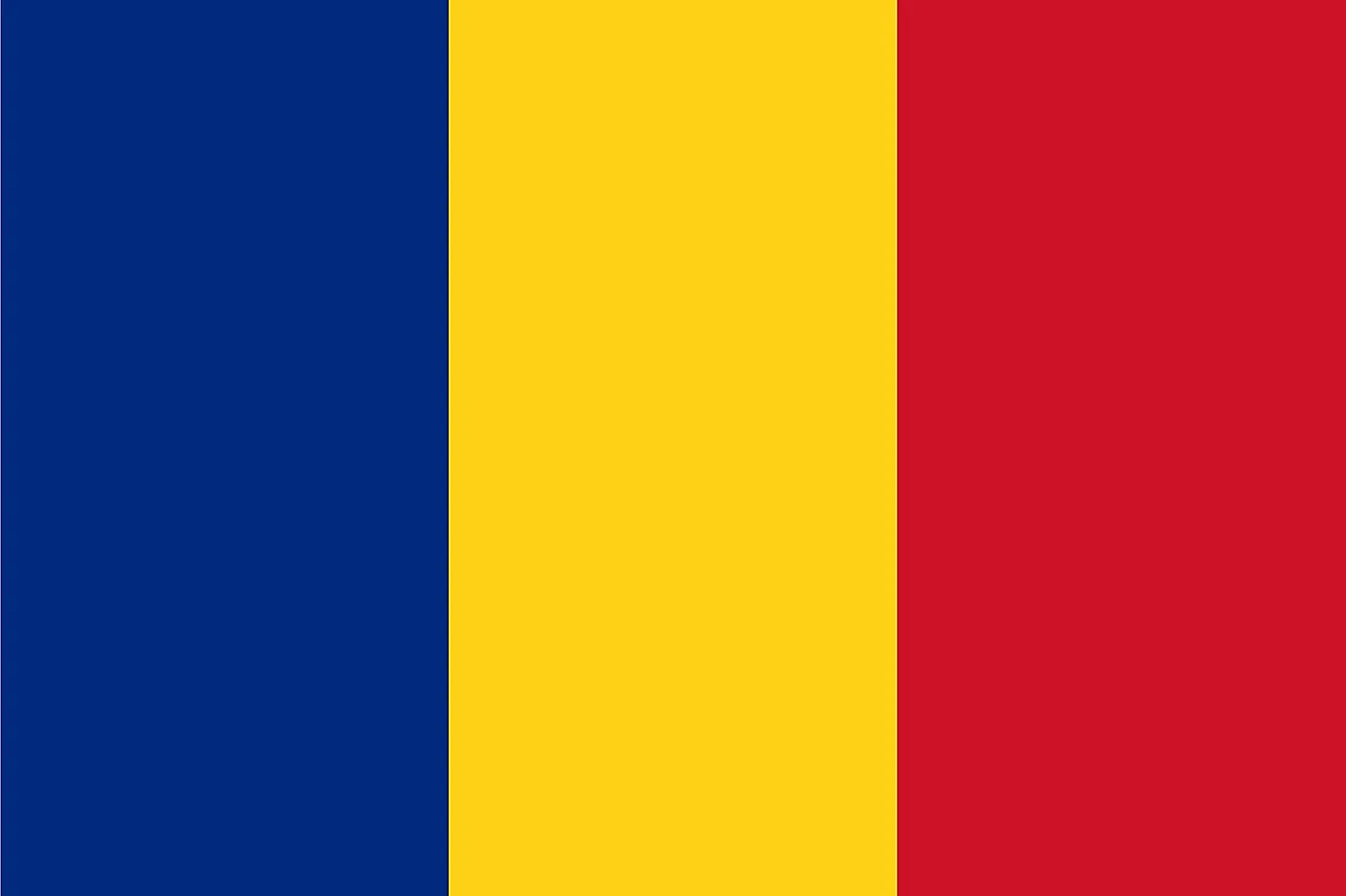 The National Flag of Romania is a vertical tricolor and features three equal vertical bands of cobalt blue (hoist side), chrome yellow, and vermillion red.