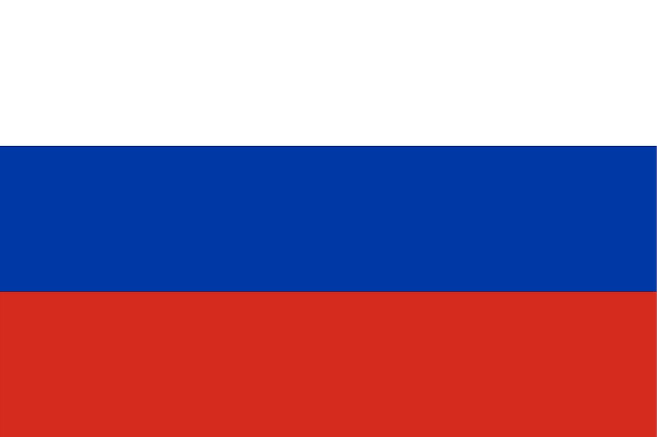 The National Flag of Russia features three equal horizontal bands of white (top), blue, and red. 