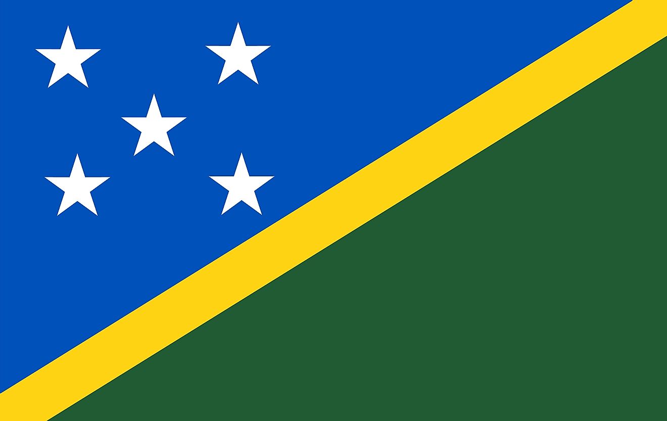 The national flag of the Solomon Islands with five stars standing for the five main island groups of the Solomon Islands.