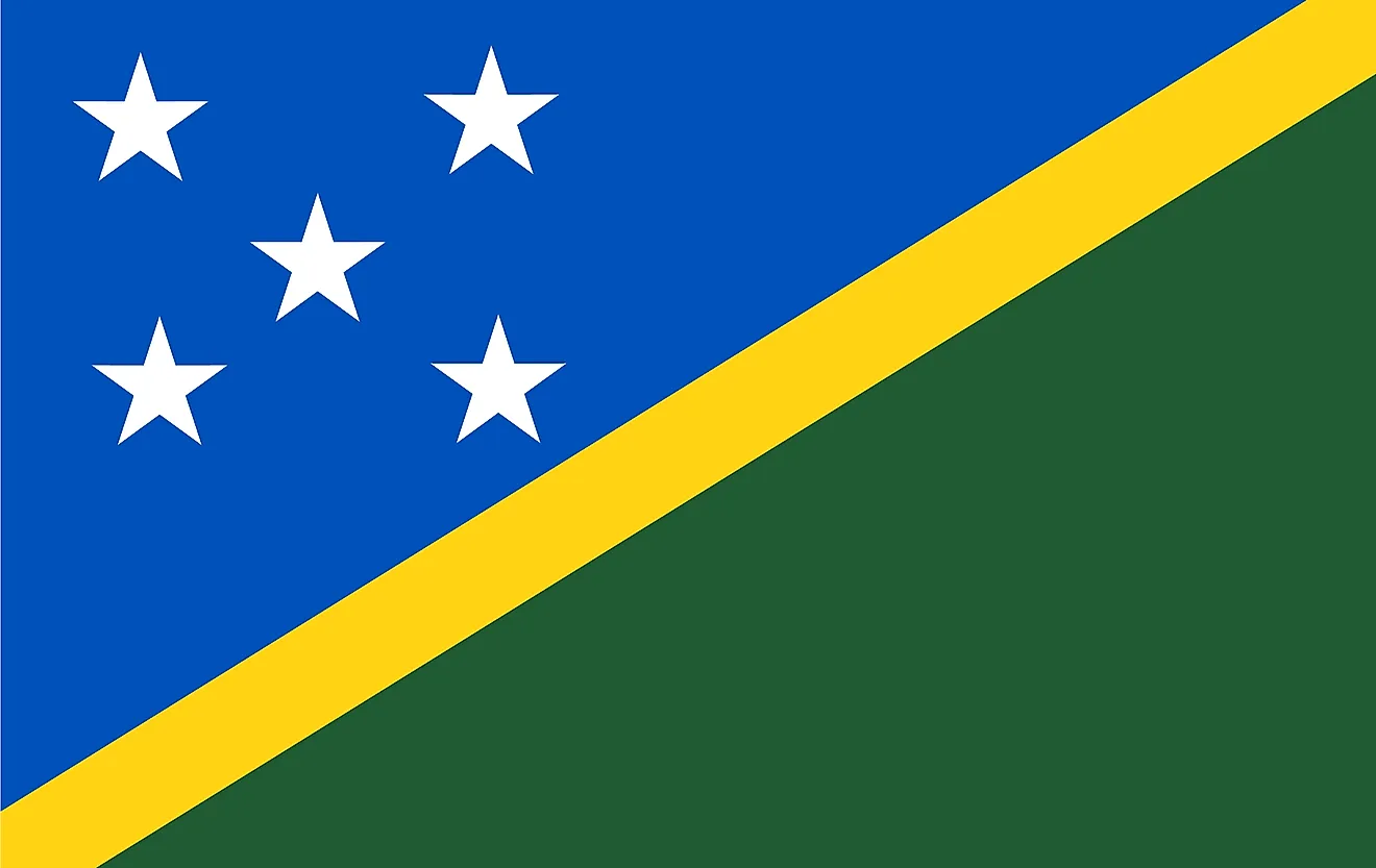 The national flag of the Solomon Islands with five stars standing for the five main island groups of the Solomon Islands.