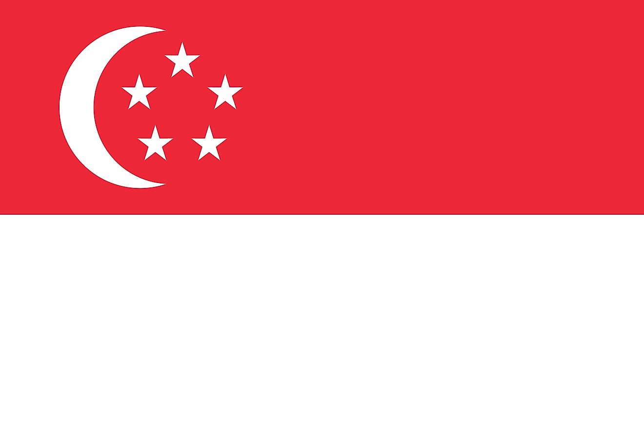 The National Flag of Singapore features two equal horizontal bands of red (top) and white, where on the hoist side of the red stripe is a vertical, white-colored crescent moon that faces the flag’s fly side.