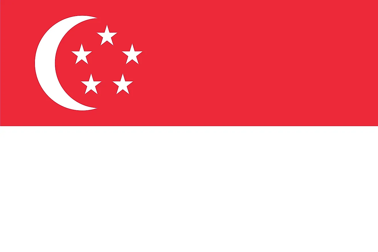 The National Flag of Singapore features two equal horizontal bands of red (top) and white, where on the hoist side of the red stripe is a vertical, white-colored crescent moon that faces the flag’s fly side.