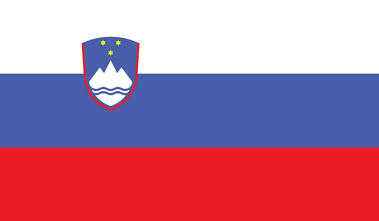 The National Flag of Slovenia is a tricolor and features three equal horizontal bands of the Pan-Slavic colors: white (top), blue, and red, the Coat of Arms of Slovenia appears in the upper hoist-side of the flag. 