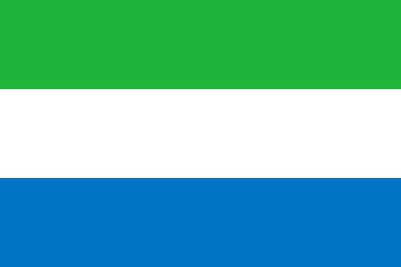 The National Flag of Sierra Leone is a tricolor featuring three equal horizontal bands of light green (top), white, and light blue.