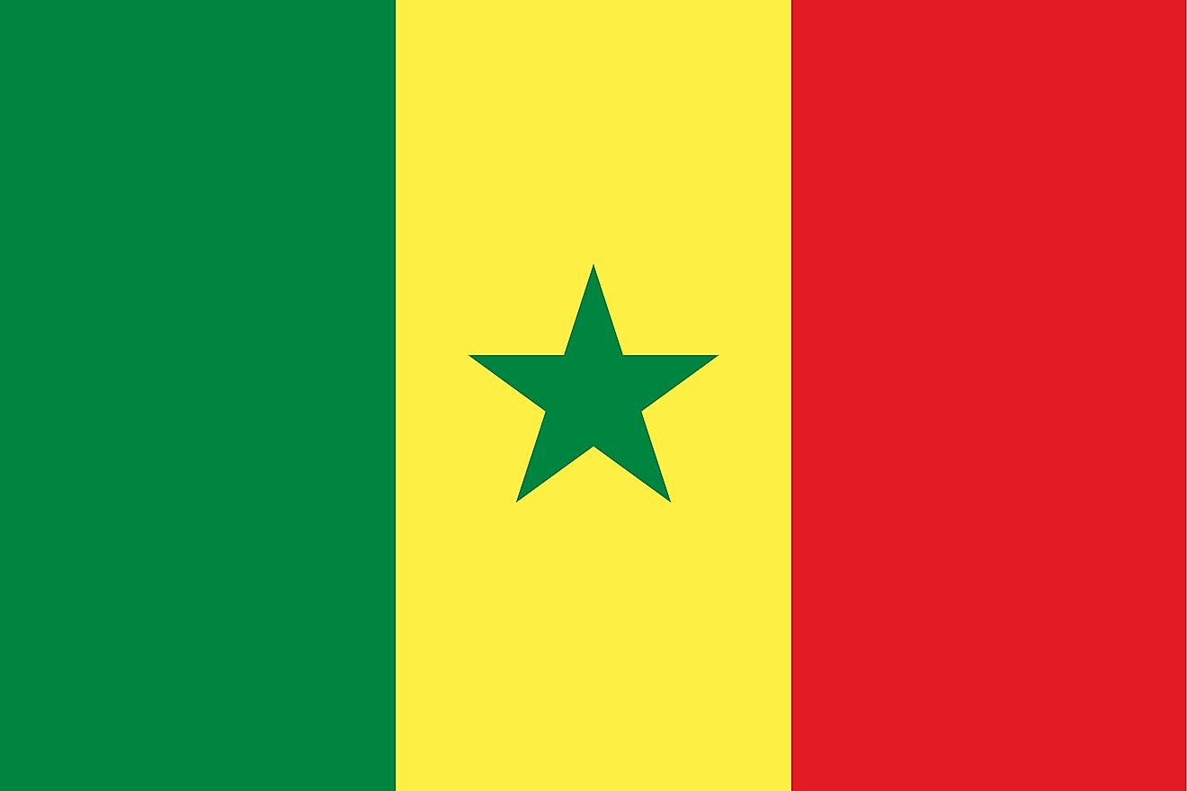 The National Flag of Senegal is a tricolor and features three equal vertical bands of green (hoist side), yellow, and red with a small green five-pointed star centered in the yellow band. 