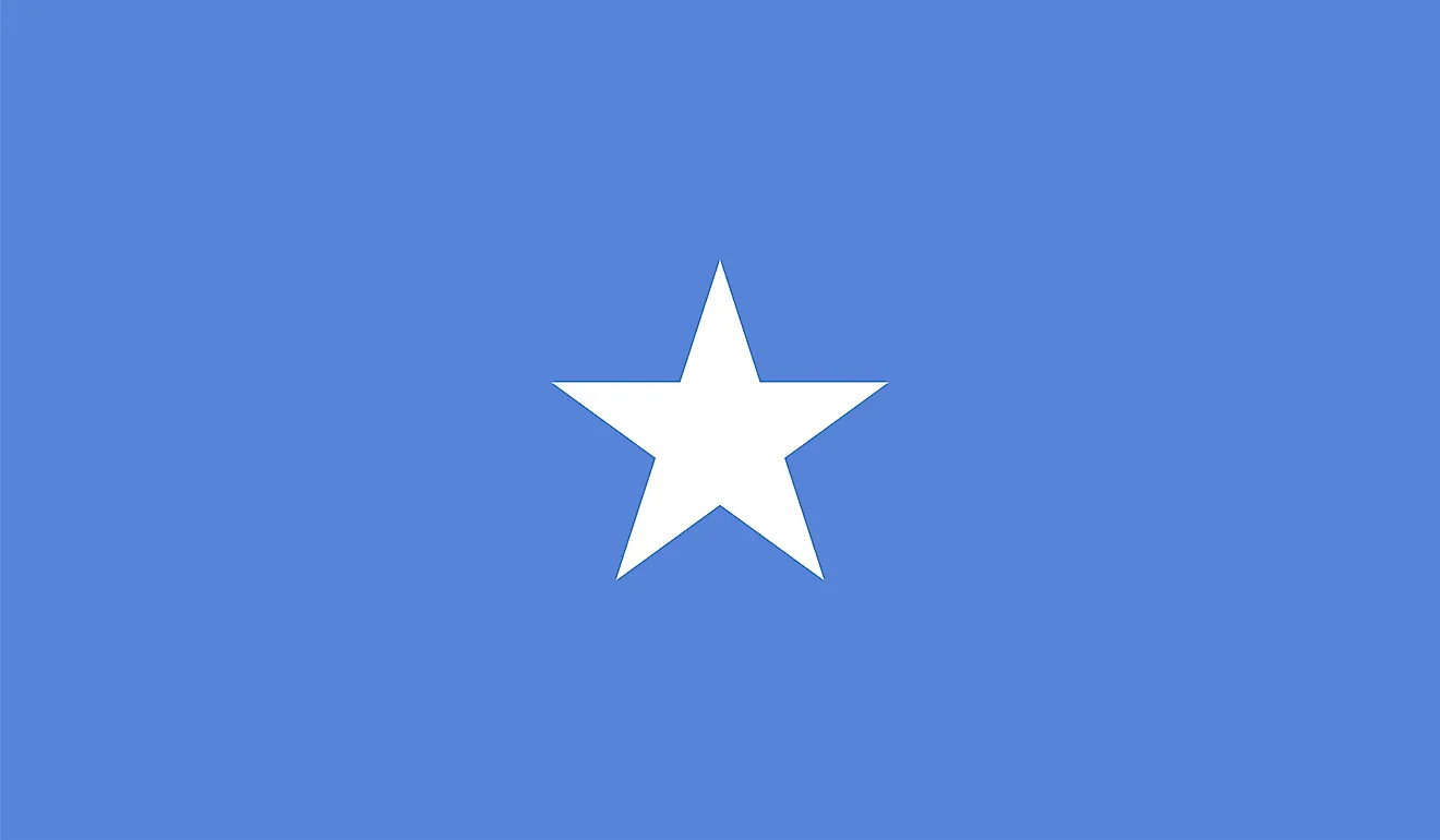 The National Flag of Somalia is rectangular shaped and features a light blue background with a large white five-pointed star ("Star of Unity") in the center. 