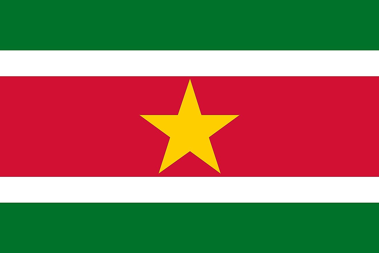 The National Flag of Suriname features five unequal horizontal bands of green (top, double-width), white, red (quadruple width), white, and green (double width). A large, yellow, five-pointed star is centered in the red band.