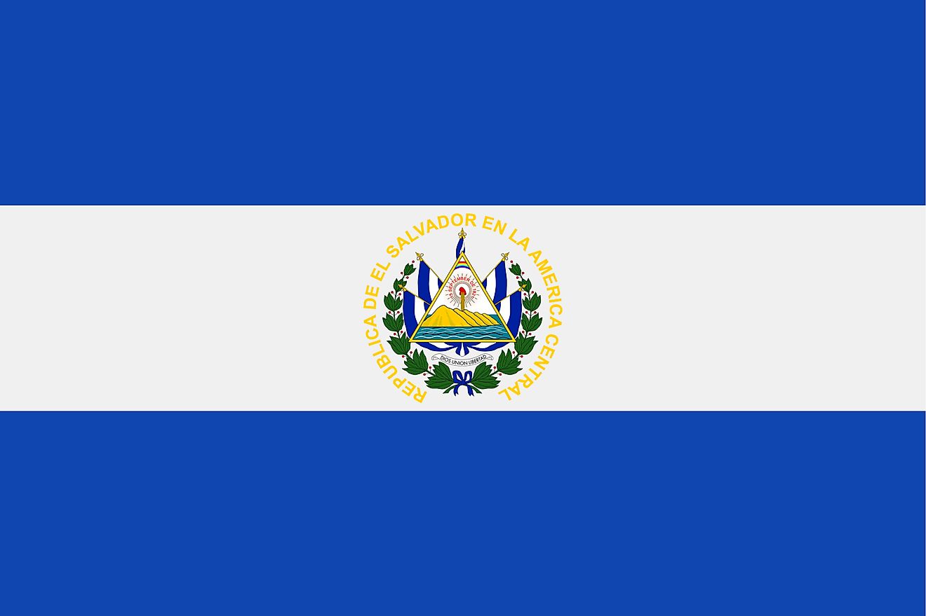 The National Flag of El Salvador features three equal horizontal bands of cobalt blue (top), white, and cobalt blue with the national coat of arms centered in the white band. 