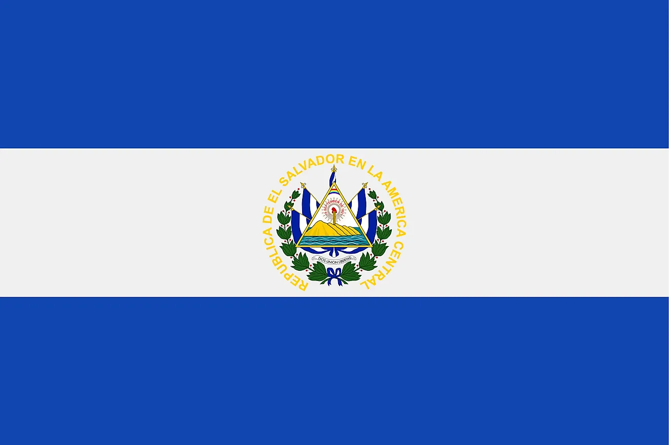 The National Flag of El Salvador features three equal horizontal bands of cobalt blue (top), white, and cobalt blue with the national coat of arms centered in the white band. 