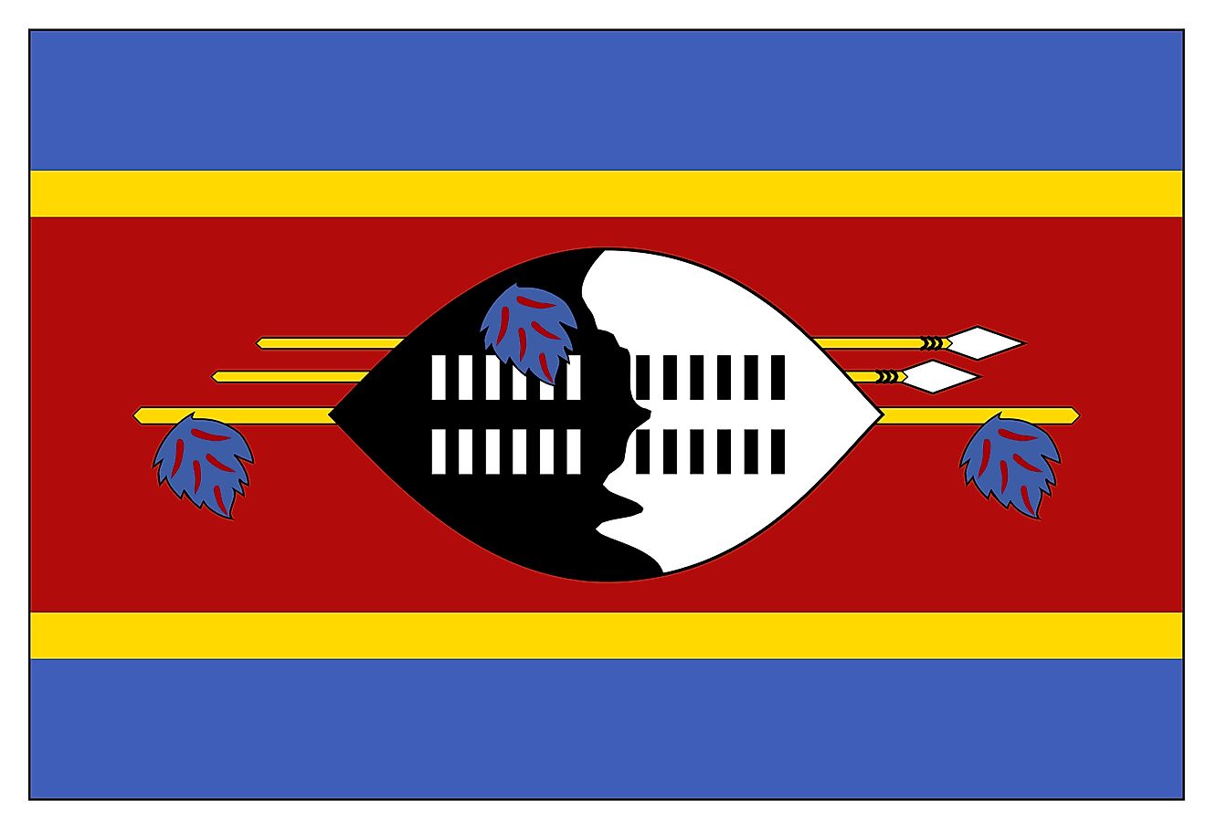 The National Flag of Eswatini is rectangular and features three horizontal bands of blue (top), red (triple width), and blue. 