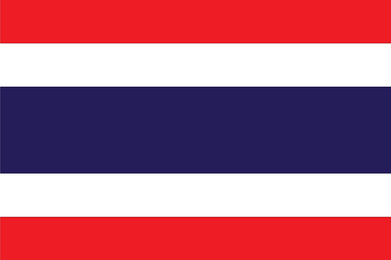 The National Flag of Thailand features five horizontal bands of red (top), white, blue (double width), white, and red.