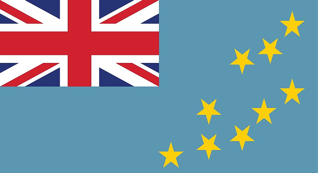 The flag of Tuvalu is a Light Blue Ensign with nine five-pointed stars towards the fly side representing the map of the island.