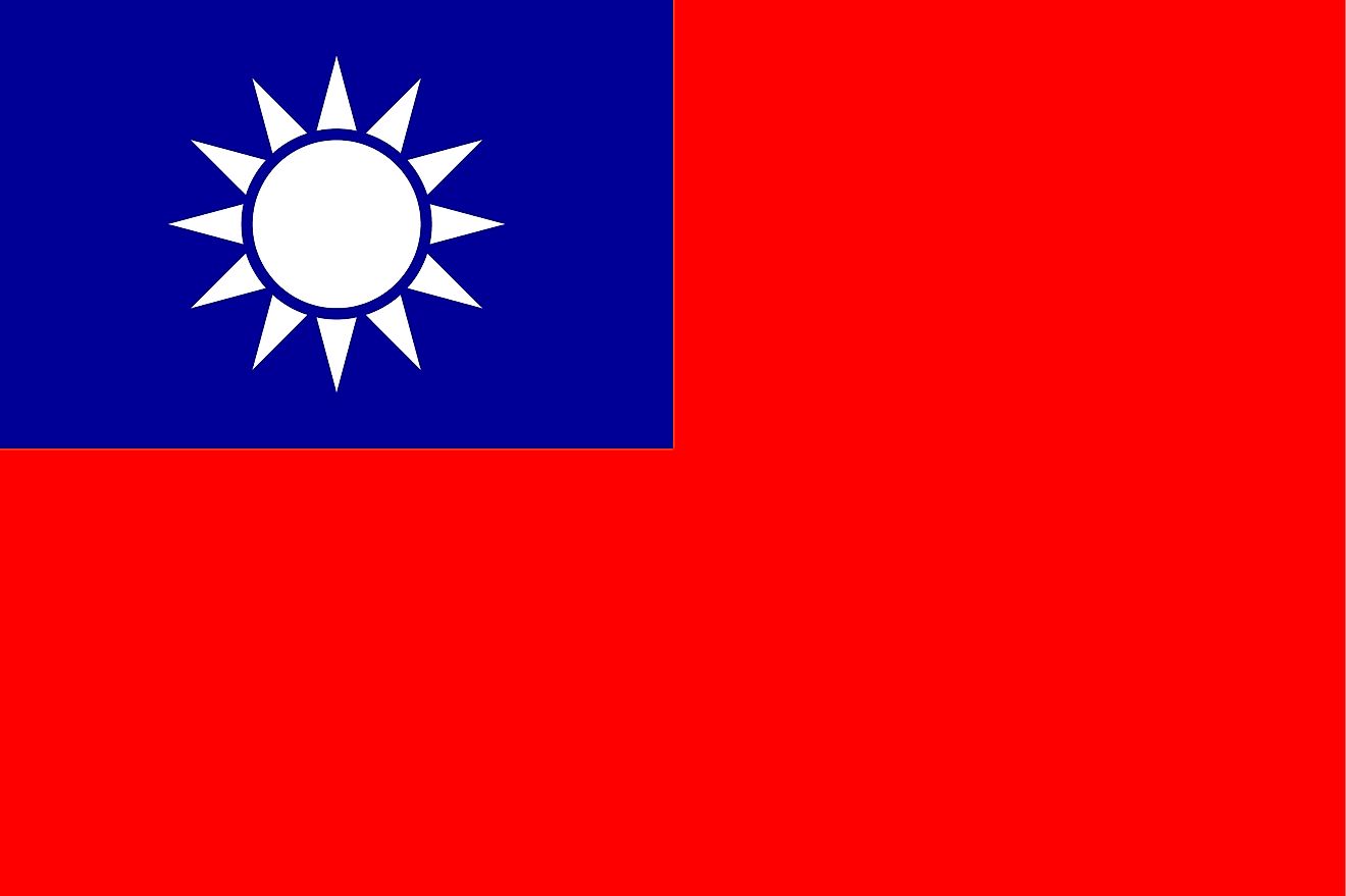 The National Flag of Taiwan features a red background with a dark blue rectangle in the upper hoist-side corner bearing a white sun with 12 triangular rays.