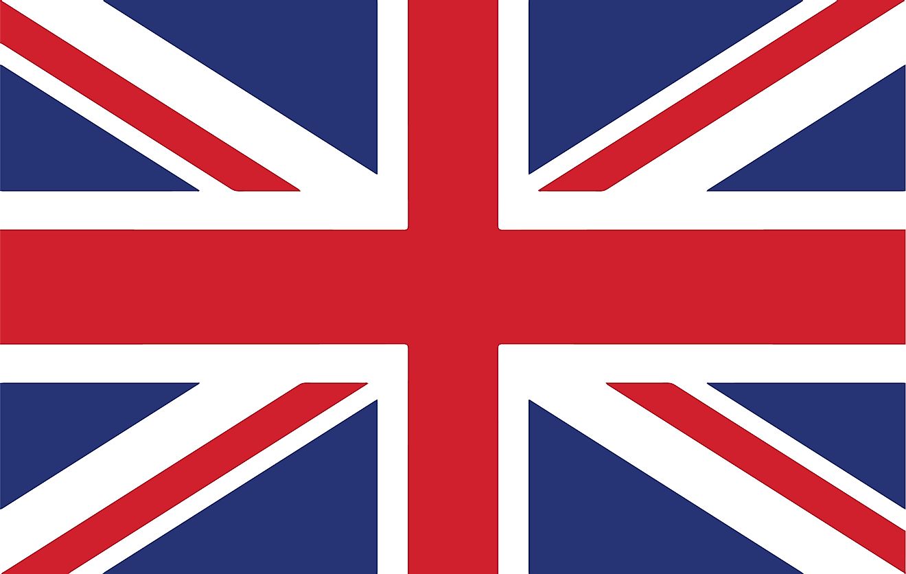 The National Flag of the United Kingdom (Union Jack) features a blue background with the centered red cross edged in white. 
