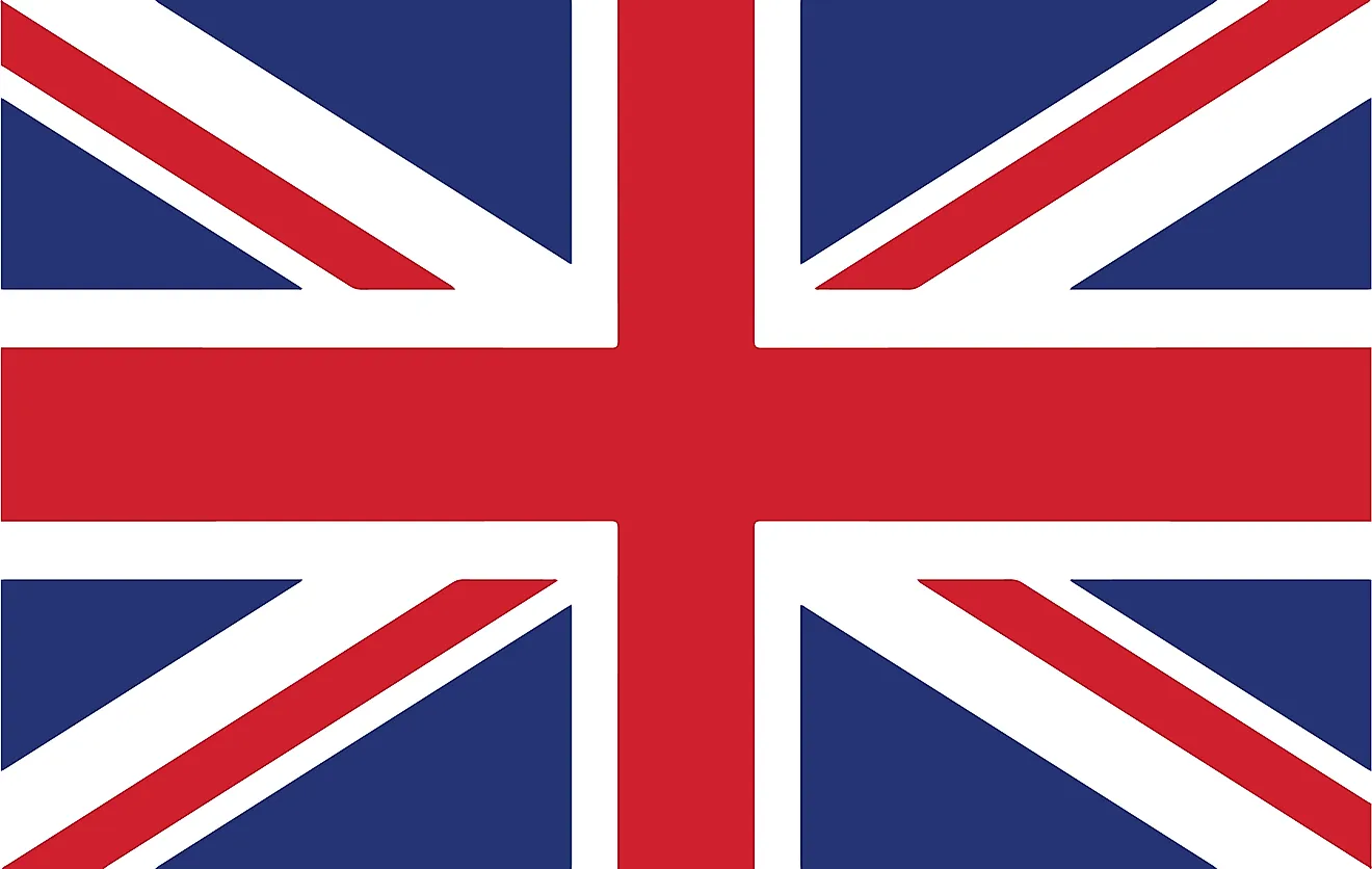 The National Flag of the United Kingdom (Union Jack) features a blue background with the centered red cross edged in white. 