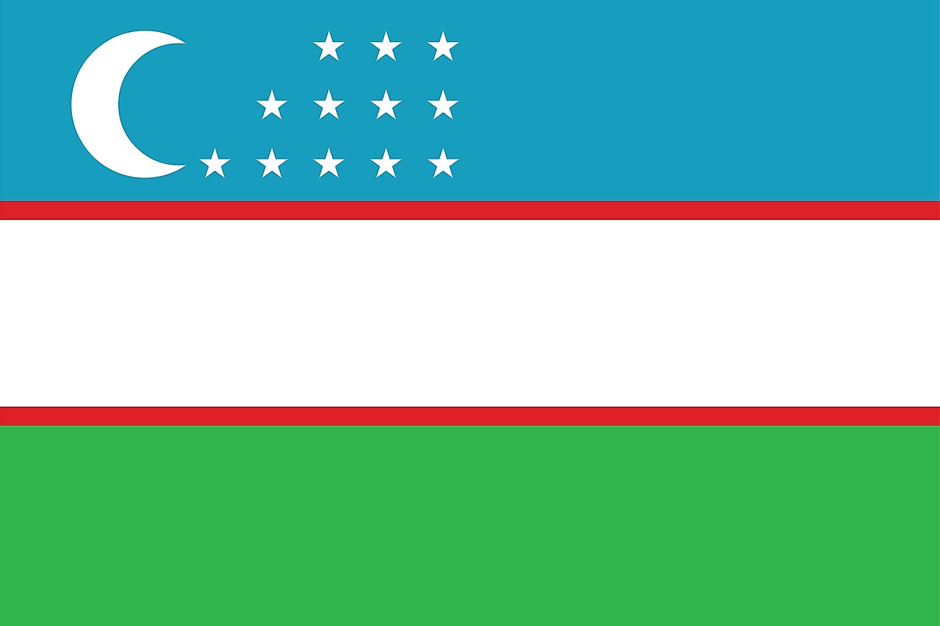 The National Flag of Uzbekistan is a multi-colored rectangular flag featuring three equal horizontal bands of blue (top), white, and green.