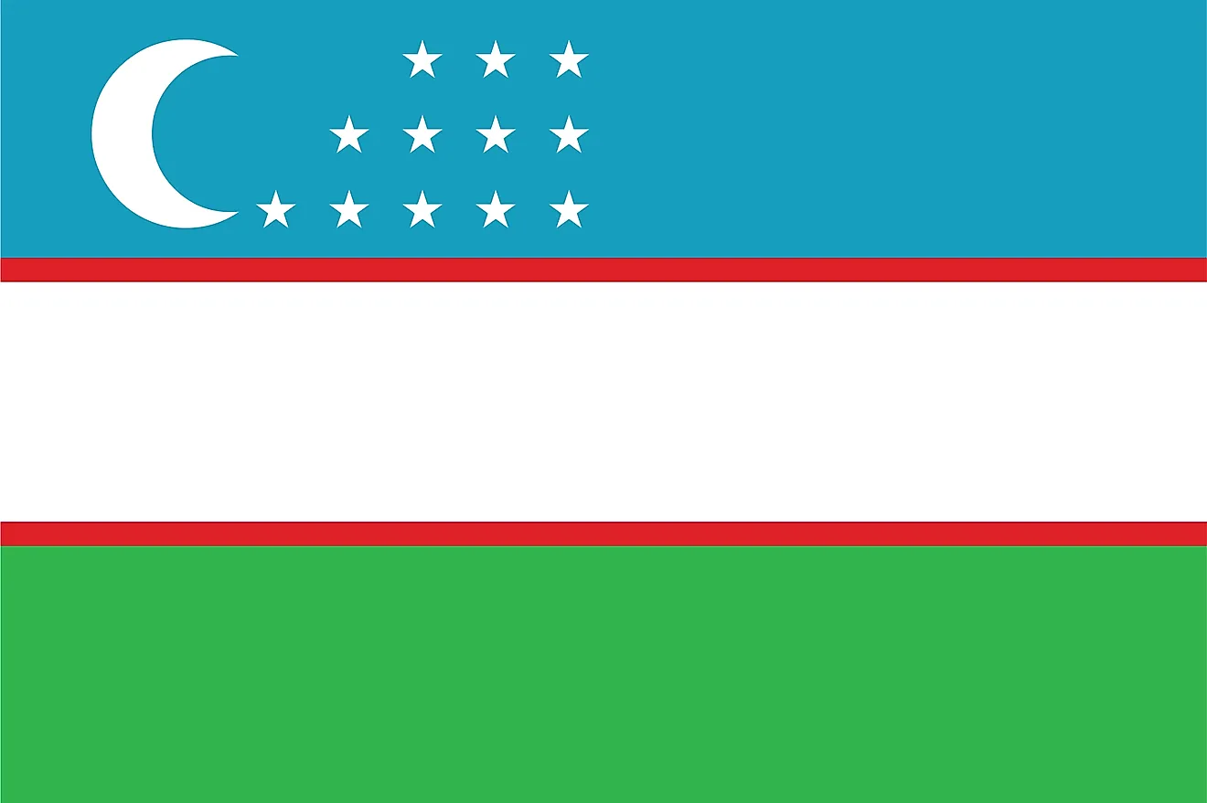 The National Flag of Uzbekistan is a multi-colored rectangular flag featuring three equal horizontal bands of blue (top), white, and green.